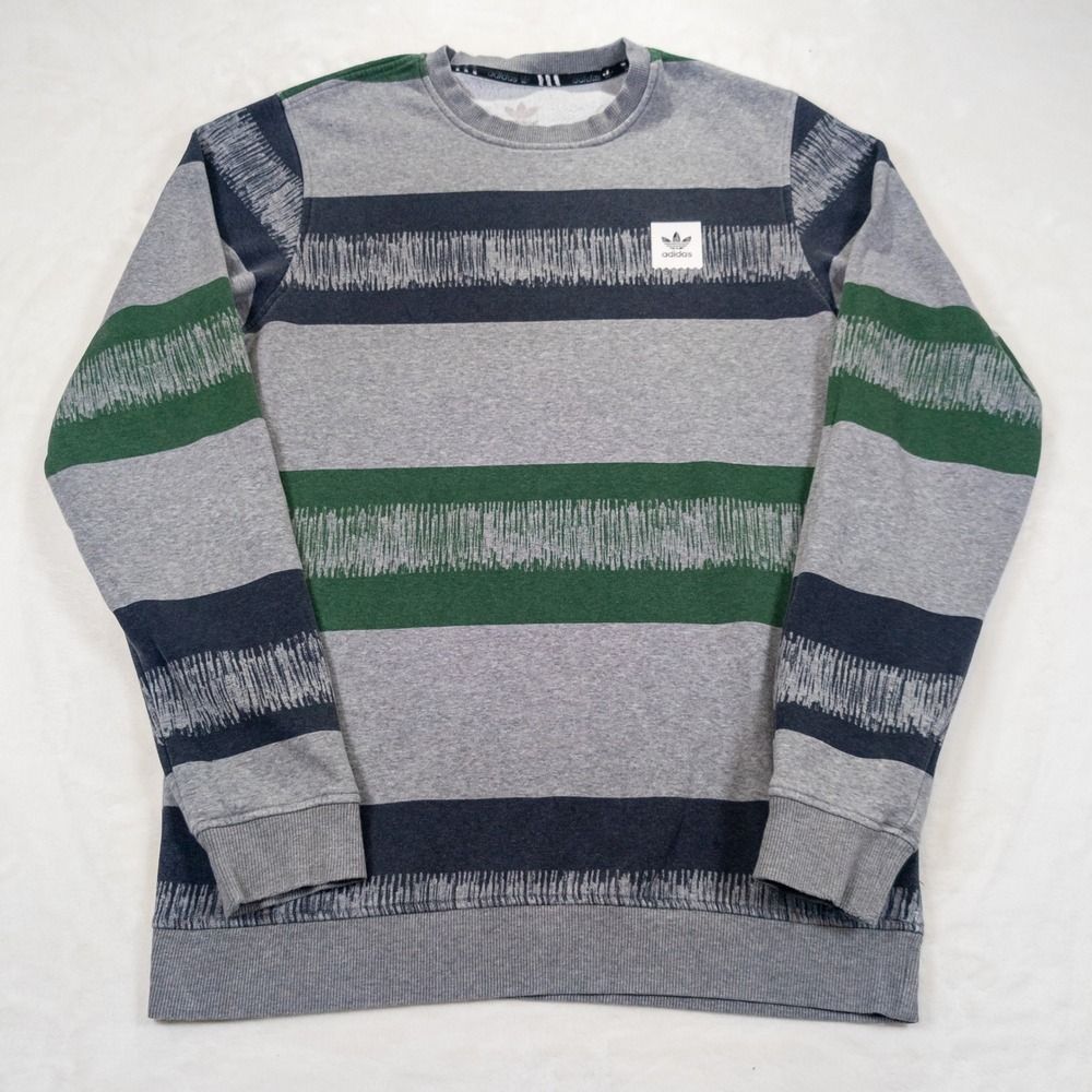 Adidas Sweatshirt Men M Gray Striped Crewneck Y2K Skater Streetwear Gorpcore